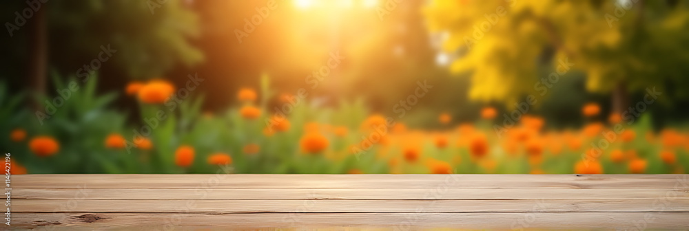 Aufkleber A blurred image of a wood table with an orange garden visible through it, suitable for a design key visual display._00003_