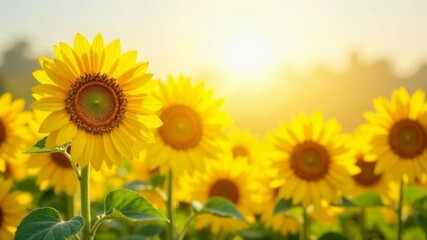 Naklejka premium sunflower field close up on yellow background