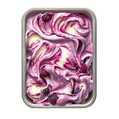 Obraz premium Extreme top view of berry swirl gelato ice cream spread across a gelato steel tray isolated on a white transparent background