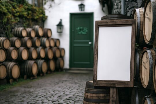 Wooden sign standing next to whiskey barrels