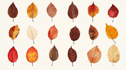 Obraz premium 53.A collection of fallen leaves featuring a range of autumn shades, including crimson, amber, and earthy brown. Each leaf is illustrated with subtle details in a minimalistic, flat vector style,