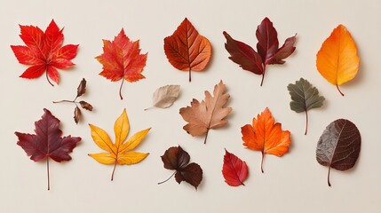 Obraz premium 55.A trendy illustration of various fallen autumn leaves arranged as a flat-lay composition. The leaves are in vibrant autumnal colors, including warm reds, oranges, and yellows, with simple