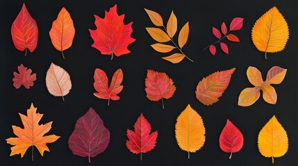 55.A trendy illustration of various fallen autumn leaves arranged as a flat-lay composition. The leaves are in vibrant autumnal colors, including warm reds, oranges, and yellows, with simple