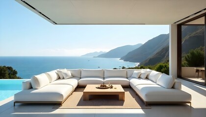 Fototapeta premium A modern outdoor lounge area with a large white sectional sofa, a wooden coffee table, and a stunning view of the ocean and mountains in the background