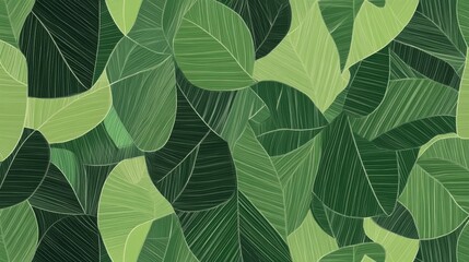 Obraz premium 57.A minimalist green geometric pattern featuring organic shapes reminiscent of leaves and foliage, arranged in a seamless, tiled layout. The varying shades of green create a harmonious color