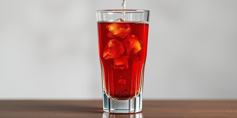 A close-up of a vibrant red droplet of water dripping into a glass of sparkling beverage, droplet, water