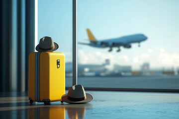 Yellow suitcase with hats at airport, airplane landing in background.