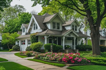American Dream House on a Suburban Street with Blue Exterior and Spacious Front Yard