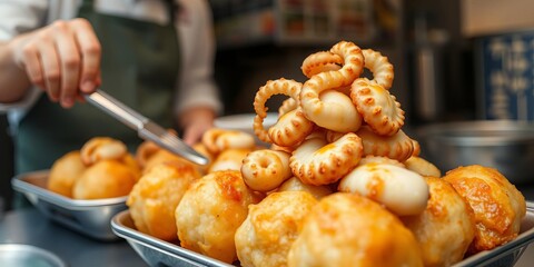 A close-up shot of a chef cooking takoyaki in a sizzling hot pan, capturing the delicious aroma, popular, food preparation