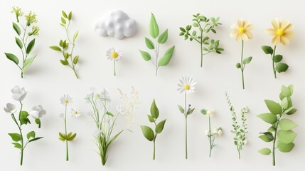 62.A 3D-rendered set of stylized plants, delicate flowers, and fluffy cloud shapes arranged on an isolated white background. Each object has soft shading and gentle curves, giving a whimsical,