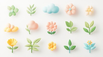 Obraz premium 65.A cheerful collection of 3D-rendered plant and cloud icons, including various flower and leaf shapes. Each element has a soft, minimalist design with pastel colors and is arranged on an isolated