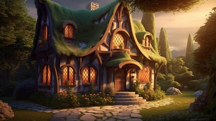 Fototapeta premium Enchanting Fairy Tale House Surrounded by Lush Greenery at Sunset with Warm Glowing Windows and Charming Architecture