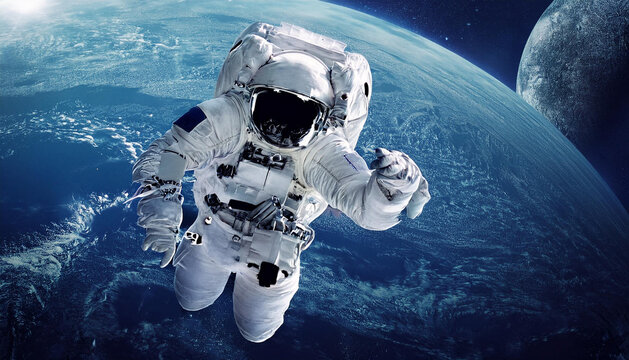 An astronaut at spacewalk. Cosmic art, science fiction wallpaper. Beauty of deep space. Billions of galaxies in the universe
