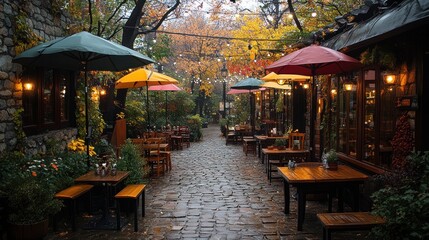 Obraz premium A cozy outdoor dining area with colorful umbrellas amidst autumn foliage.