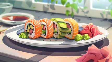 Sushi Illustration: Vibrant Salmon and Avocado Rolls