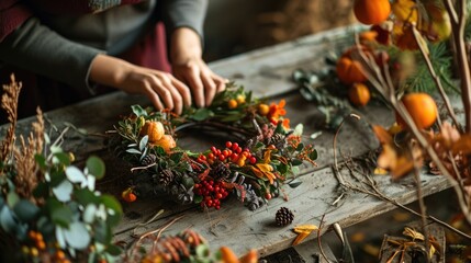 Autumn Wreath Crafting: Woman Creating a Rural Door Accessory with Berries and Flowers