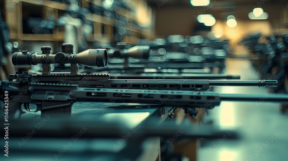 Poster a row of rifles are lined up on a table