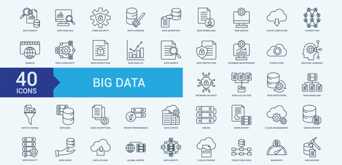 Big data icon collection set with data search, data analysis, cyber security, data cleaning, data migration