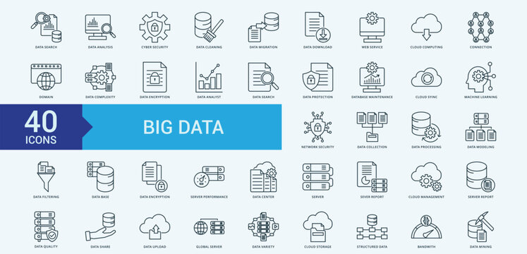 Big data icon collection set with data search, data analysis, cyber security, data cleaning, data migration