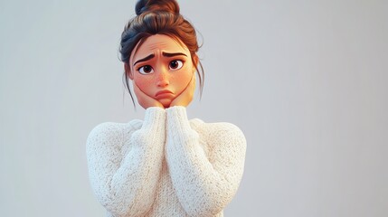 3D cartoon of a young woman looking worried or sad with her hands on her cheeks, against a gray background.