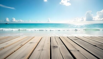 Fototapeta premium Wooden dock overlooking a calm turquoise ocean with a blue sky and fluffy white clouds