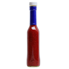 Unique strawberry ketchup sauce in a sleek glass bottle on a white background perfect for culinary adventures
