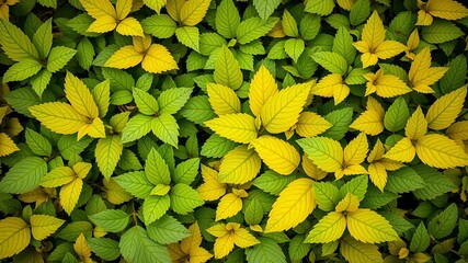 A close-up shot of a row of green leaves with some yellow leaves in the center, background, autumn