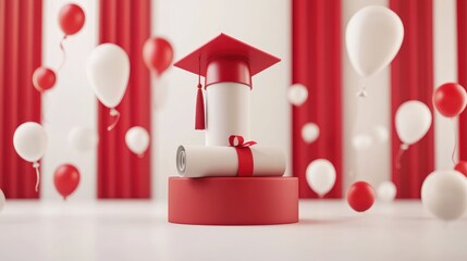 A graduation cap sits atop a diploma, surrounded by red and white balloons, celebrating academic achievement.