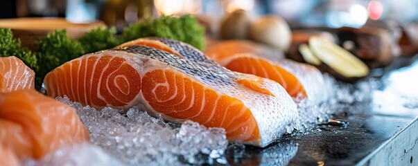 Fresh salmon fillets resting on ice in fish market display