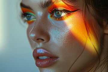 A captivating half-body shot of a model, her face adorned with avant-garde makeup