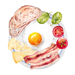 Watercolor fried egg with bacon slices, fresh spinach leaves, toast, cheese and cherry tomatoes