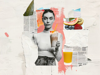 Abstract photo collage with a woman holding a smoothie, with pieces of fruit and energy-like swirls around her