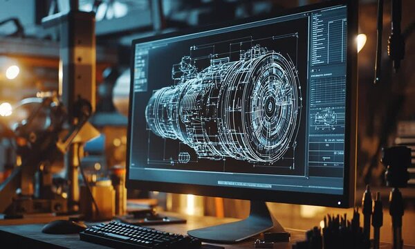 A digital blueprint of a turbine displayed on a computer screen in a workshop setting.
