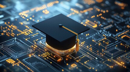 A graduation cap sits atop a digital circuit board, symbolizing the fusion of education and technology in a modern, tech-driven world.
