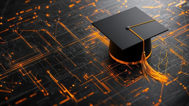 A graduation cap sits on a digital circuit background, symbolizing the fusion of education and technology.