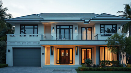 Fototapeta premium Two-Story House Exterior at Dusk