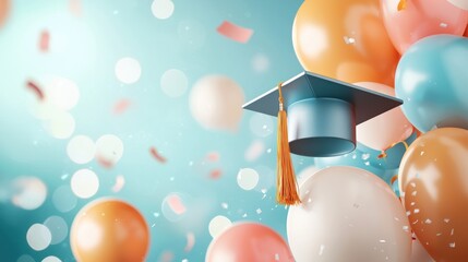 A festive graduation scene featuring a mortarboard hat and colorful balloons, surrounded by confetti against a bright background.