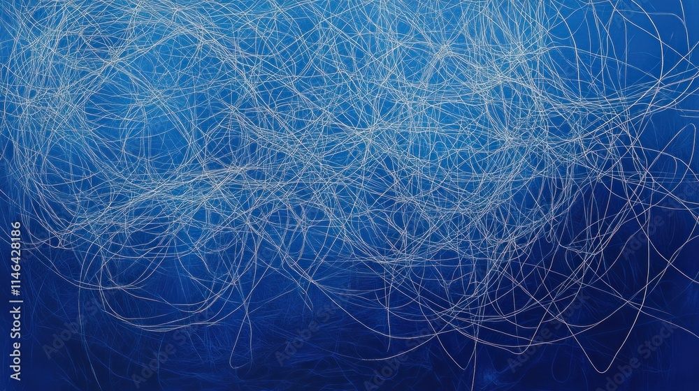 Poster abstract blue background with swirling white lines creating a dynamic visual effect.