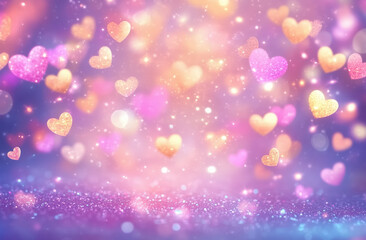 Bright heart-shaped sparkles float amidst a soft purple and pink background, creating a whimsical atmosphere perfect for celebrations, love, and special moments.