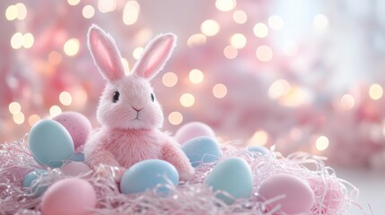 A charming pink bunny is nestled among a vibrant collection of colorful Easter eggs, celebrating the joy of the holiday season.