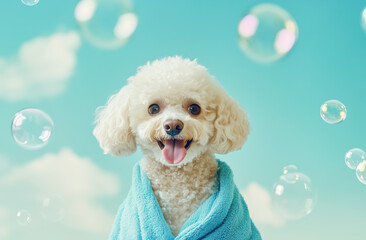 A white poodle with its tongue sticking out, wearing a blue towel wrapped around its body, standing on a light sky-blue background with bubbles floating in the air. pet commercial