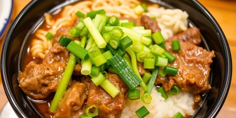 Fototapeta premium A delicious set of gyudon Japanese food featuring tender beef slices and steamed rice, garnished with green onions and served in a traditional bowl, delicious, gyudon