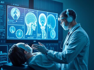 A digital illustration showing a doctor using advanced medical technology to analyze patient data and process information using generative AI algorithms, medical imaging, artificial intelligence