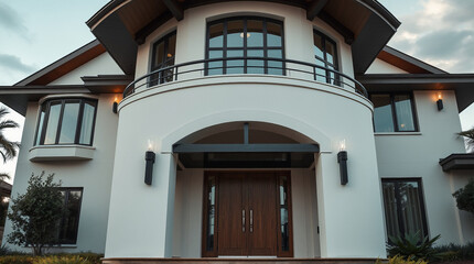 Fototapeta premium Exterior View of Two-Story House with Curved Facade and Double Door