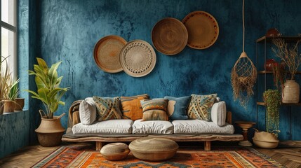 Bohemian Blues: Ethnic Wall Decor in Modern Living Room