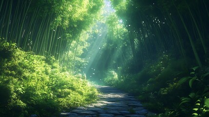 Obraz premium Photo of a path through a bamboo forest surrounded background