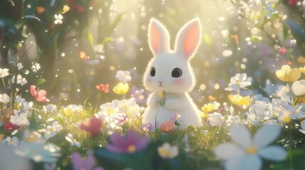 A charming white rabbit rests peacefully among vibrant flowers, embodying the spirit of spring and the joy of Easter celebrations.
