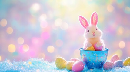 A small white bunny rests in a blue bucket filled with colorful Easter eggs, embodying the joy and spirit of the holiday celebration.