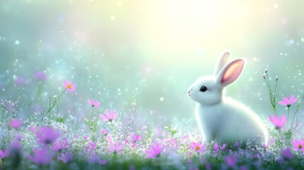 A white rabbit rests peacefully among vibrant flowers, embodying the spirit of Easter and the arrival of spring in a serene landscape.