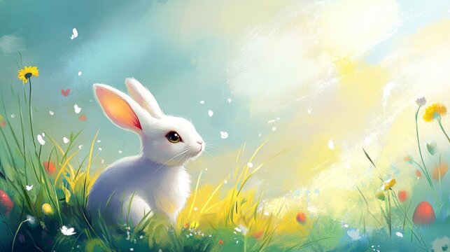 A white rabbit sits peacefully in vibrant grass surrounded by colorful flowers, embodying the spirit of spring and Easter festivities.